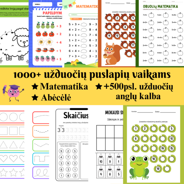 1000 užduočių puslapių vaikams + 1000 Lapų spalvinimui + BONUSAI